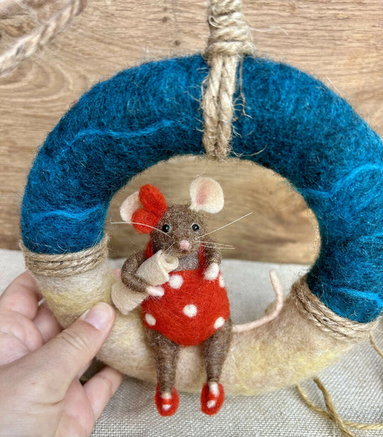 Needle-Felted Seaside Mouse in Red Polka Dot Swimsuit on Summer Coastal Wreath