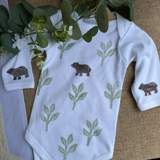 Block printed bear baby grow