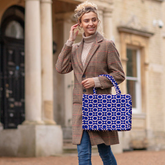 Moroccan Geometric Print Fabric Tote Bag in Blue