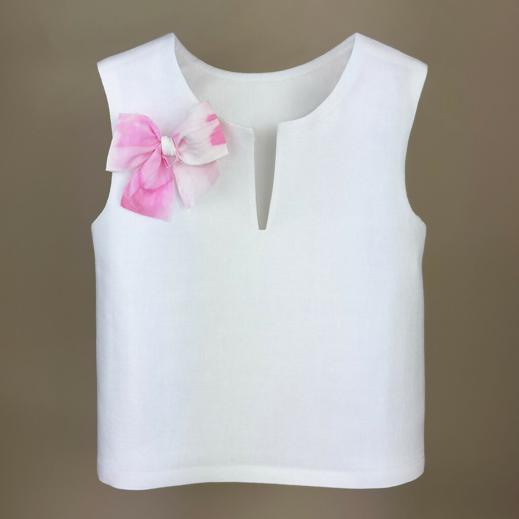 Organic Linen Girls Top with Pink Ribbon