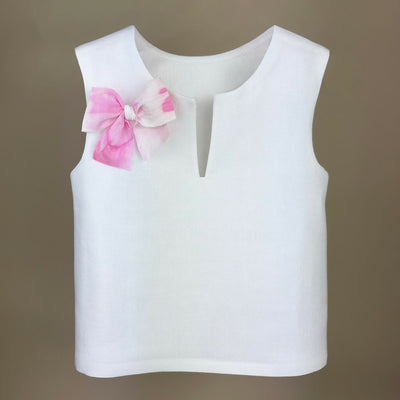 Organic Linen Girls Top with Pink Ribbon