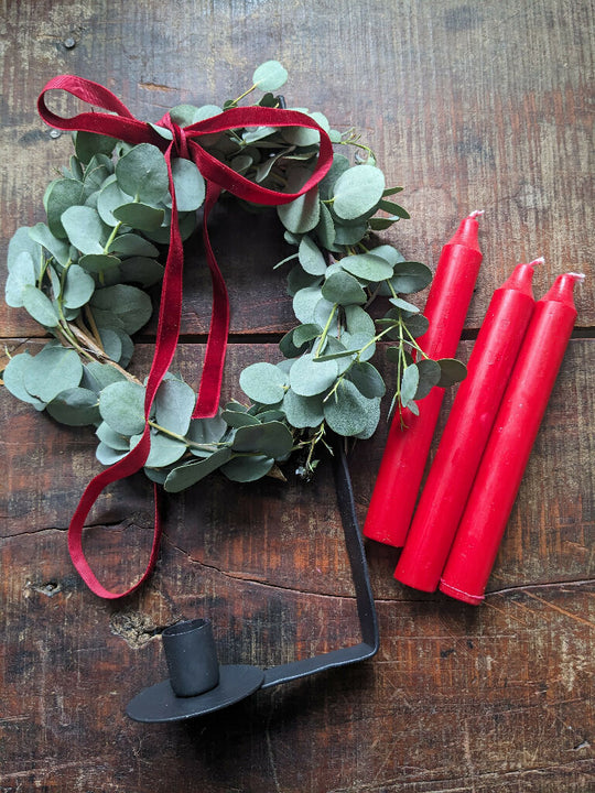 Christmas Gift Set, Eucalyptus Wreath, Candle And Iron Candle Holder