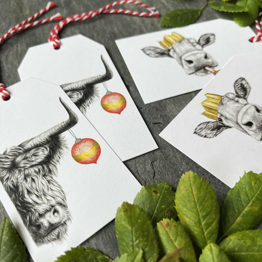 Festive Cows Hand-Finished Christmas Gift Tags - Set of 4