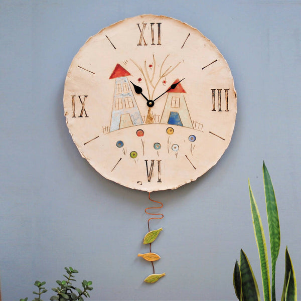 Large Round Wall Clock with Pendulum and House Design