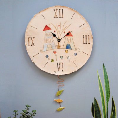 Large Round Wall Clock with Pendulum and House Design