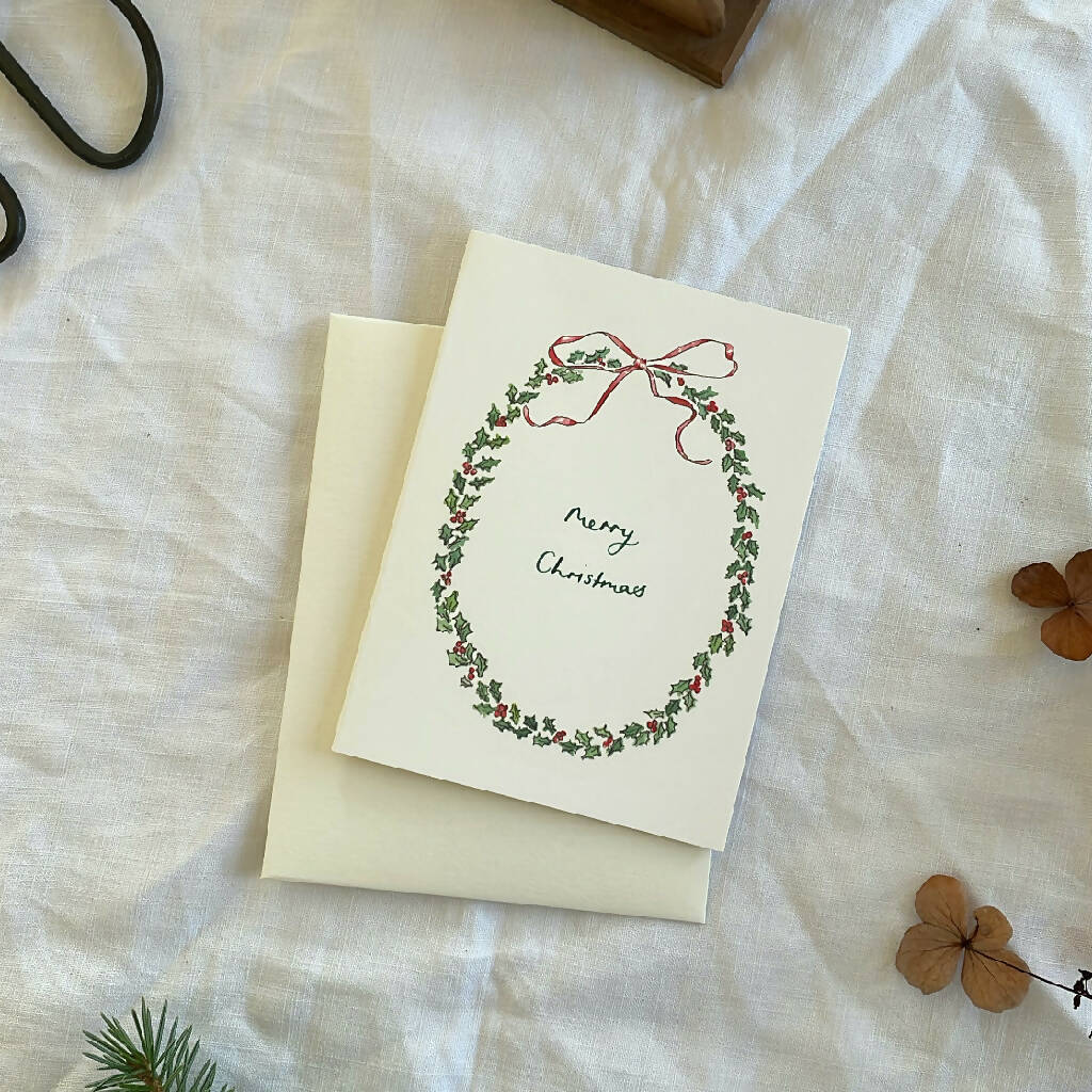 Vintage Style Luxury Petite Christmas Card with Holly Wreath Illustration