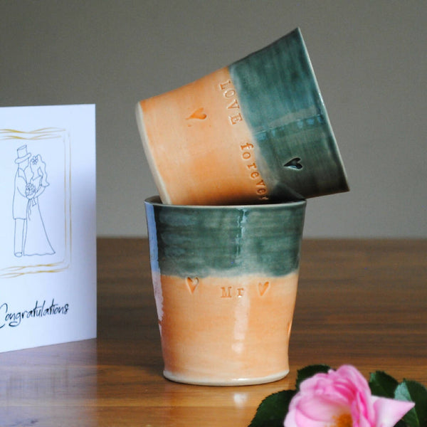 Mr And Mrs Wedding Mug Tumbler in Melon Orange and Dark Grey Slate