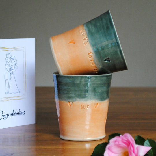 Mr And Mrs Wedding Mug Tumbler in Melon Orange and Dark Grey Slate