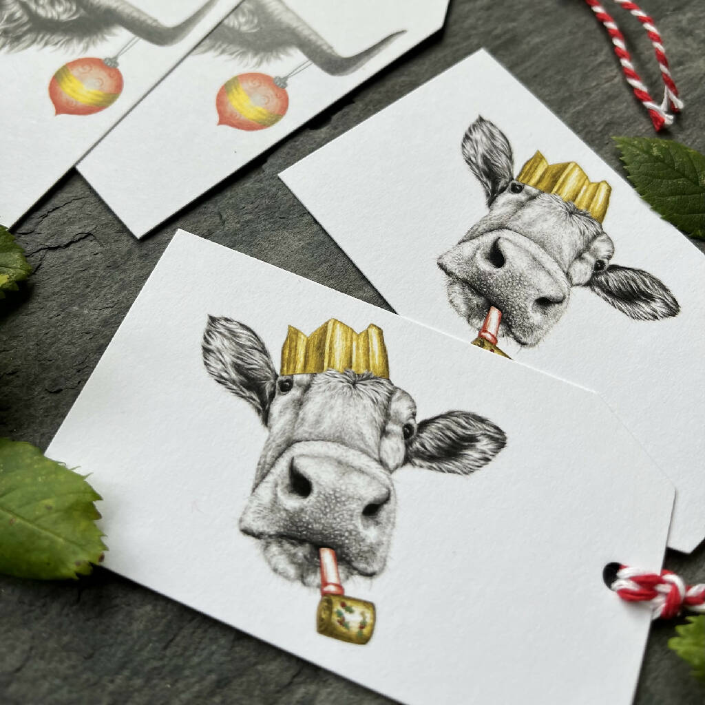 Festive Cows Hand-Finished Christmas Gift Tags - Set of 4