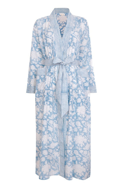 Hand Printed Cotton Kimono Robe - De Nimes Blue