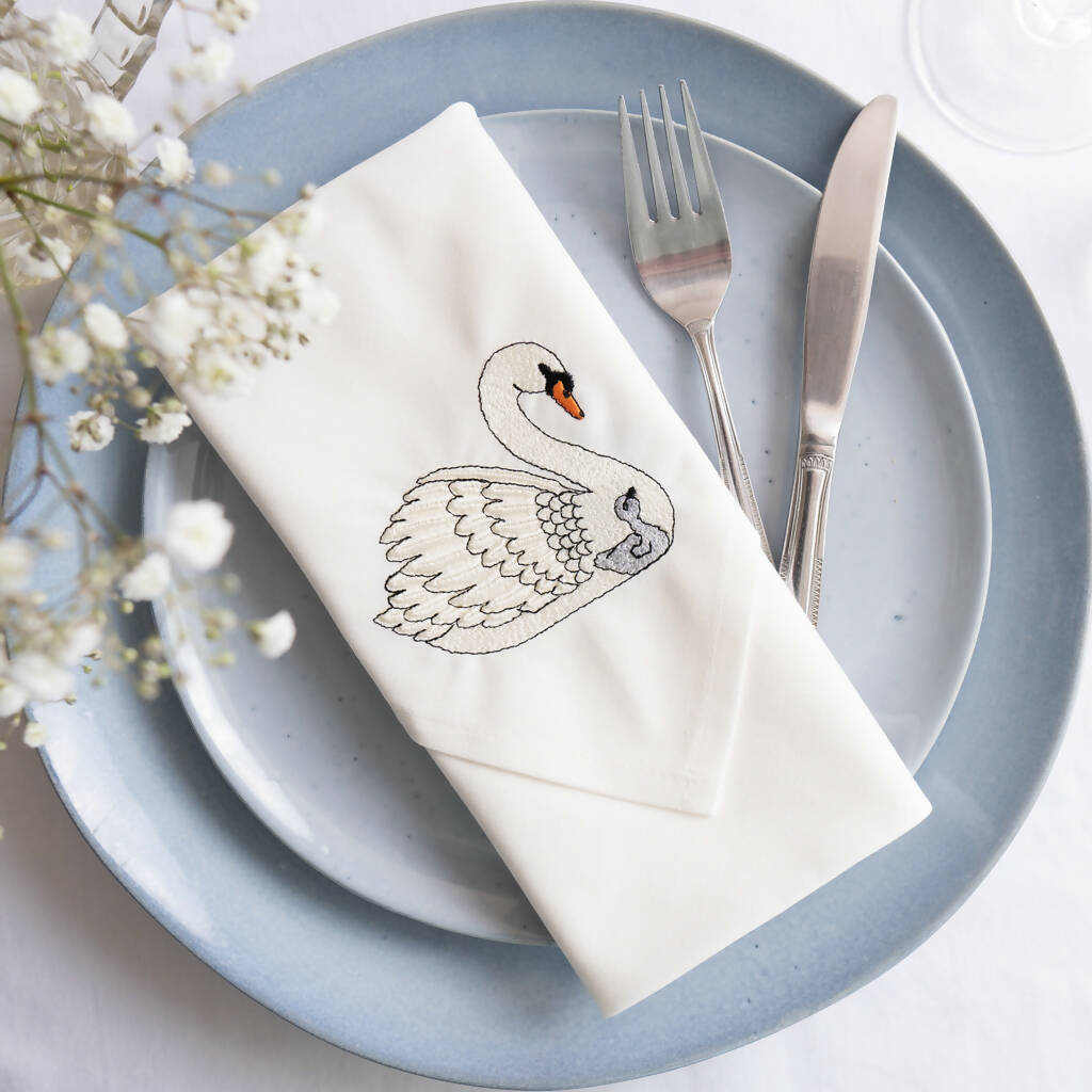 Embroidered Set of Two Swan Napkins