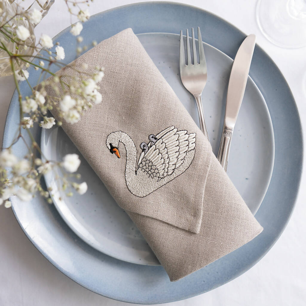 Embroidered Set of Two Swan Napkins