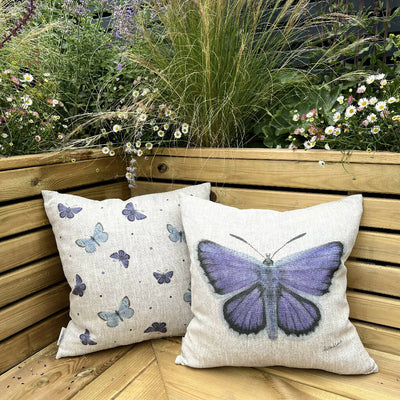 Linen Silver Studded Blue Butterfly Cushion