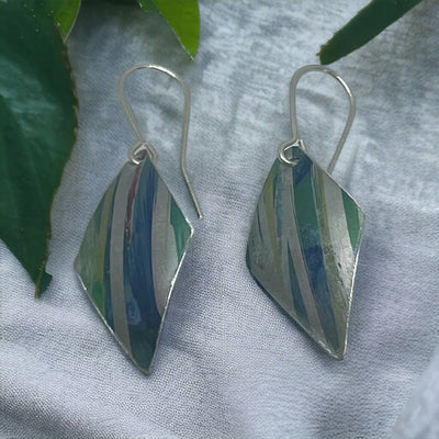 Iris Inspired Green and Blue Stripe Aluminium Earrings