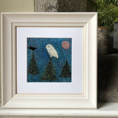 Soft As Moonlight Mist Framed Embroidered Artwork With Owl Black Bird And Trees 1
