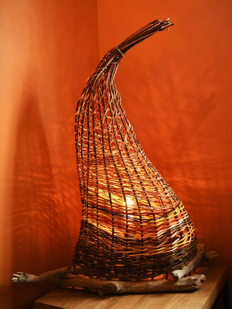 Homefires Lamp woven from Dyed Cane, Willow, Wire and Driftwood