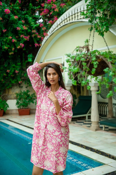 Hand Printed Nightshirt- Hibiscus Pink