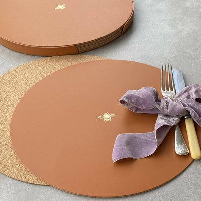 Set of Six Recycled Leather Table Mats with Bee Motif