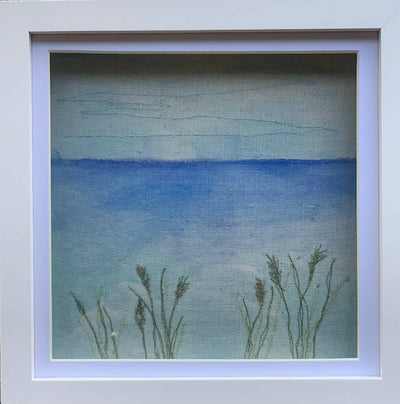 Box Frame Sea Scene with Watercolour Paint and Free Machine Stitch Grasses Art Work