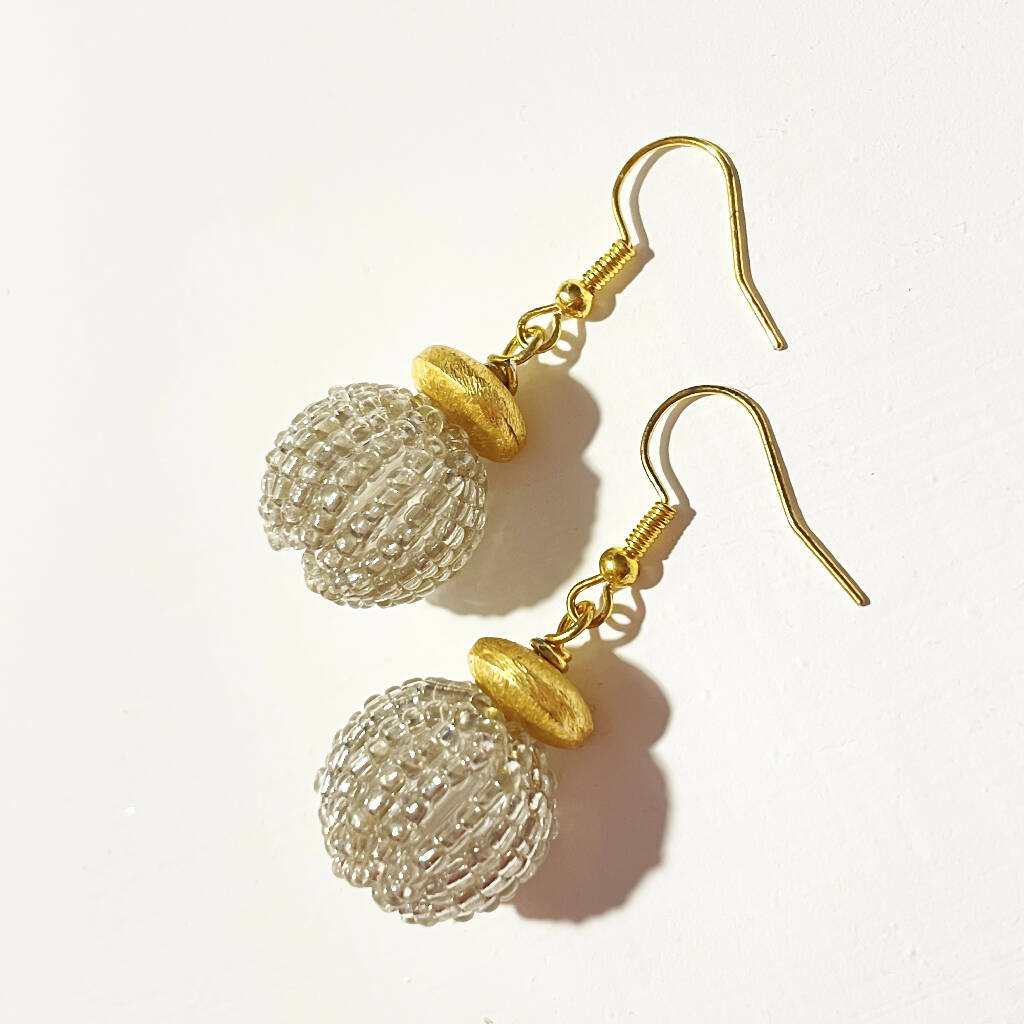 Clear Bead Pendant Earrings with Single Brass Disc
