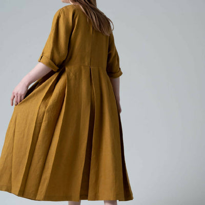 Helen linen dress with pleated skirt_goldenrod