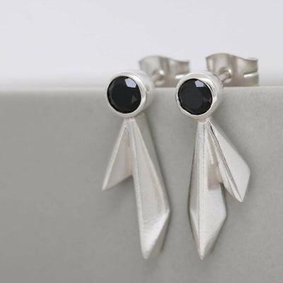 Double Kite Stud Earrings in Solid Sterling Silver with Black Spinel Gemstones