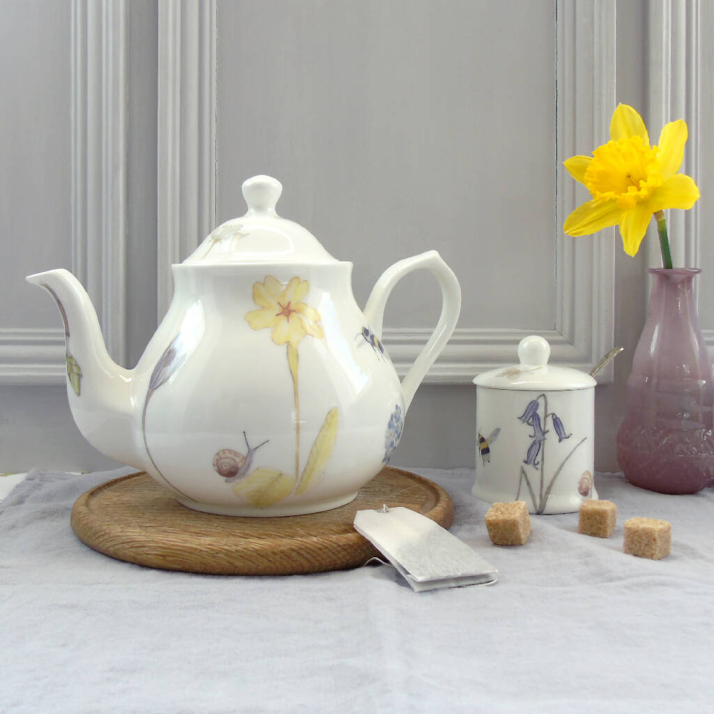 Bee and Spring Flowers Bone China Large Teapot