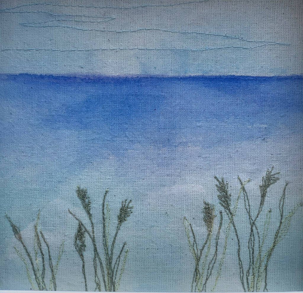 Box Frame Sea Scene with Watercolour Paint and Free Machine Stitch Grasses Art Work