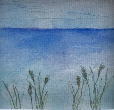 Box Frame Sea Scene with Watercolour Paint and Free Machine Stitch Grasses Art Work