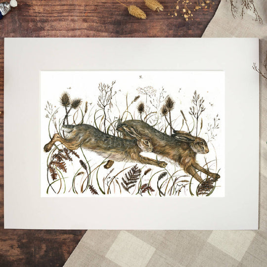 Running Hares with Teasels 'Marbury Mornings' Limited Edition Print