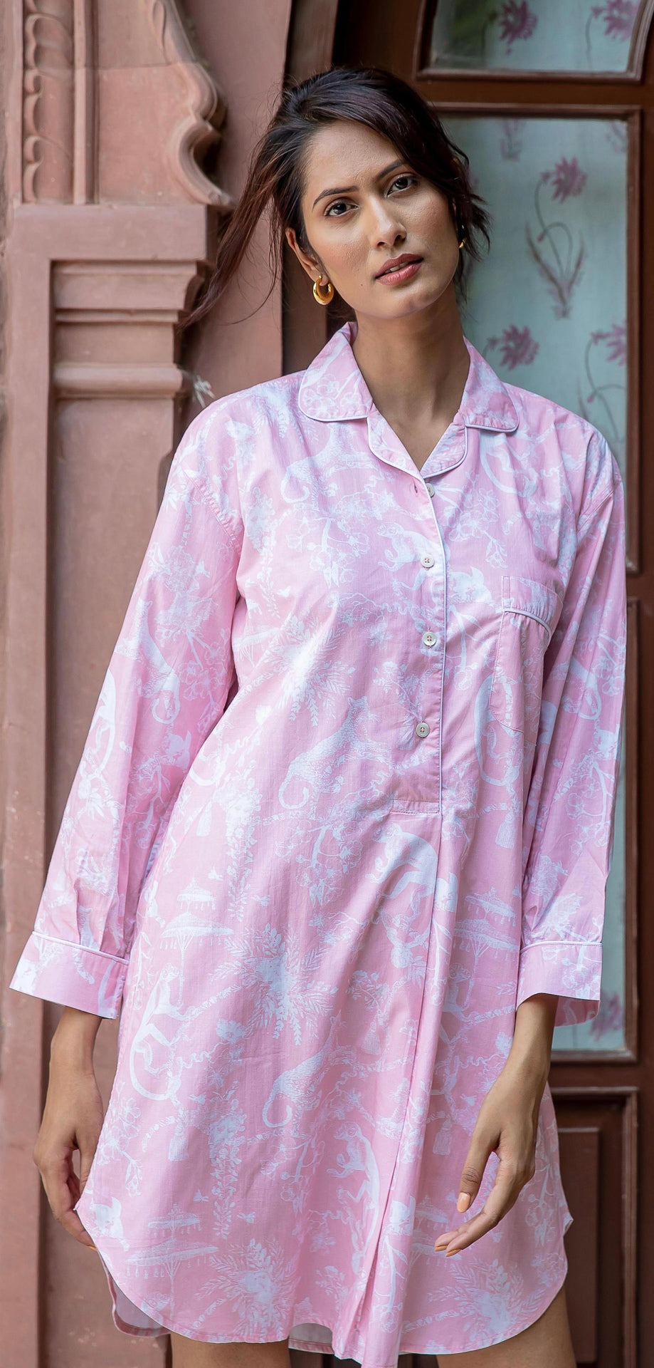 Jungle Party Nightshirt Cotton Poplin- Pink