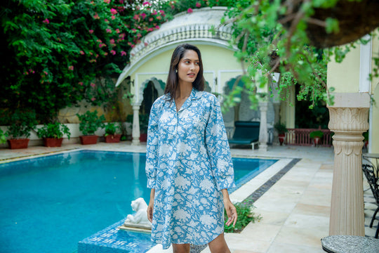 Hand Printed Nightshirt- De-Nimes Blue