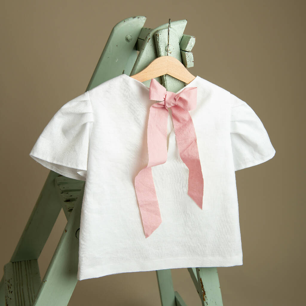 Organic Linen Girls Top with Pink Ribbon