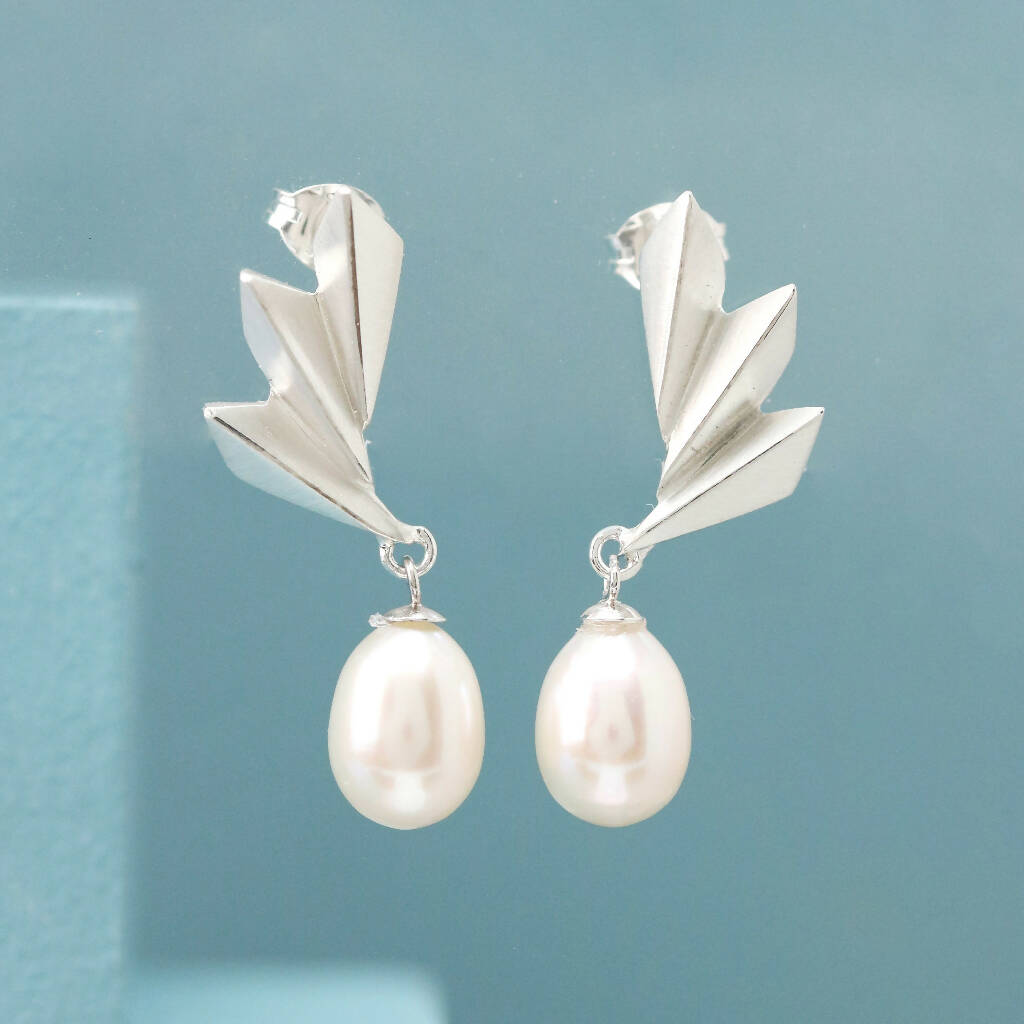 Geometric Fan Drop Earrings with Pearls in Solid Sterling Silver