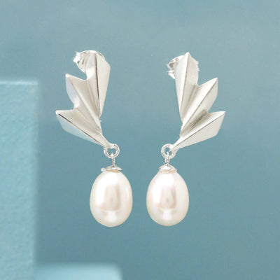 Geometric Fan Drop Earrings with Pearls in Solid Sterling Silver