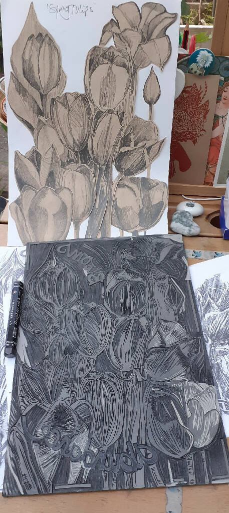 'Spring Tulips' Linocut Print on Handmade Paper, in Orange