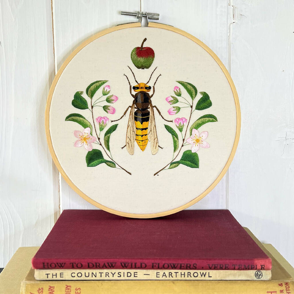 Hornet and Crab Apple Silk Hand Embroidered Art