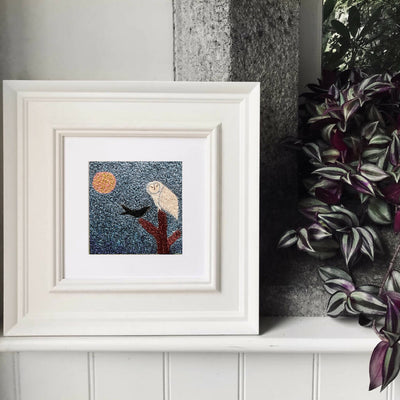 Moonlight Lullaby Framed Embroidered Artwork with White Owl, Tree and Moon