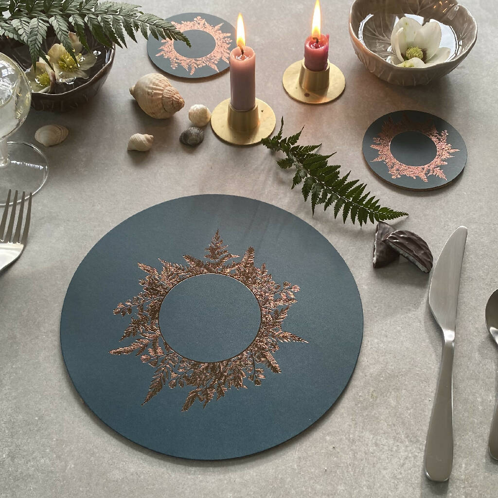 Set of Six Recycled Leather Placemats with Antique Bronze Wreath