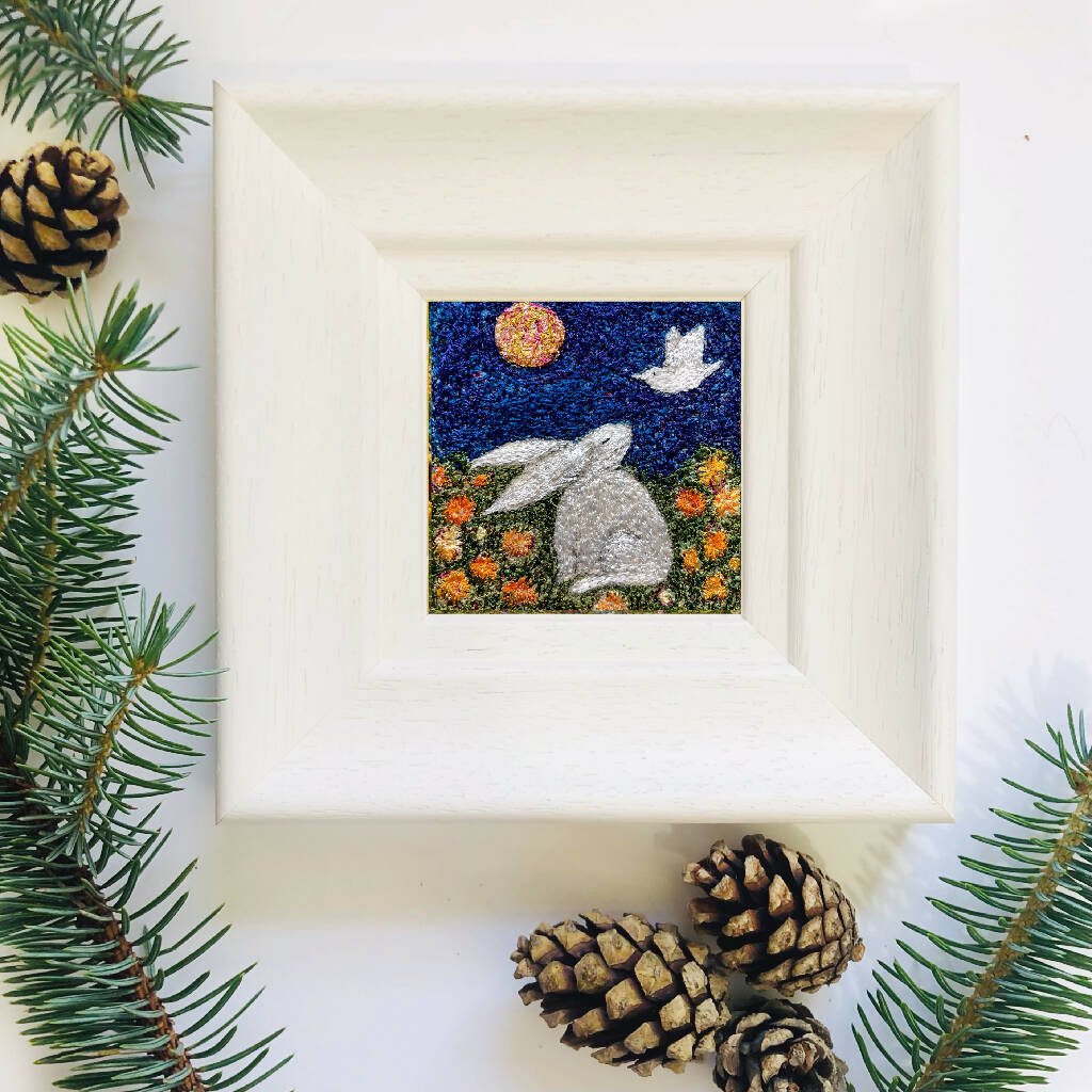 The Healing Garden Embroidered Framed Artwork White Hare, Marigolds And White Bird