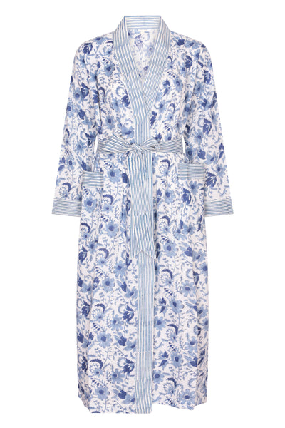 Hand Printed Cotton Kimono Robe - Cornflower Blue