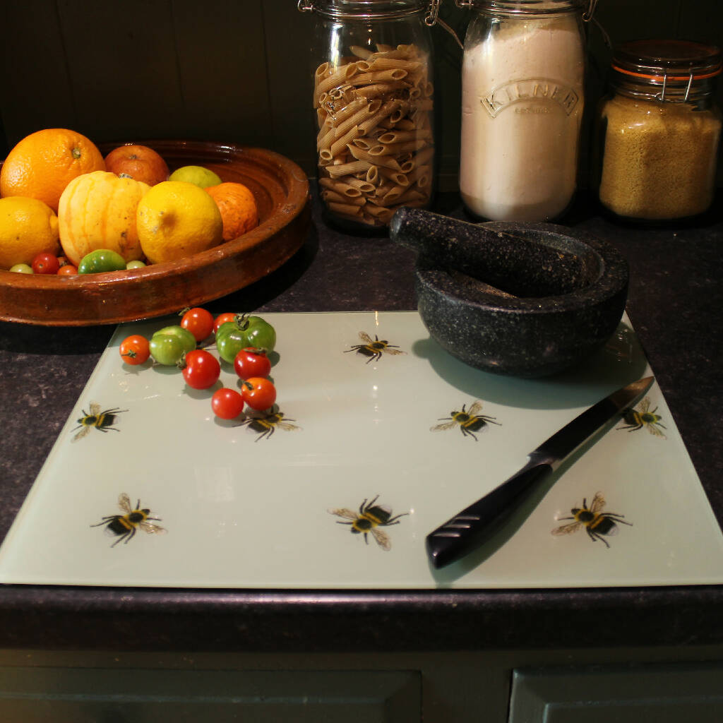 Glass Chopping Board/Worktop Saver in Bees