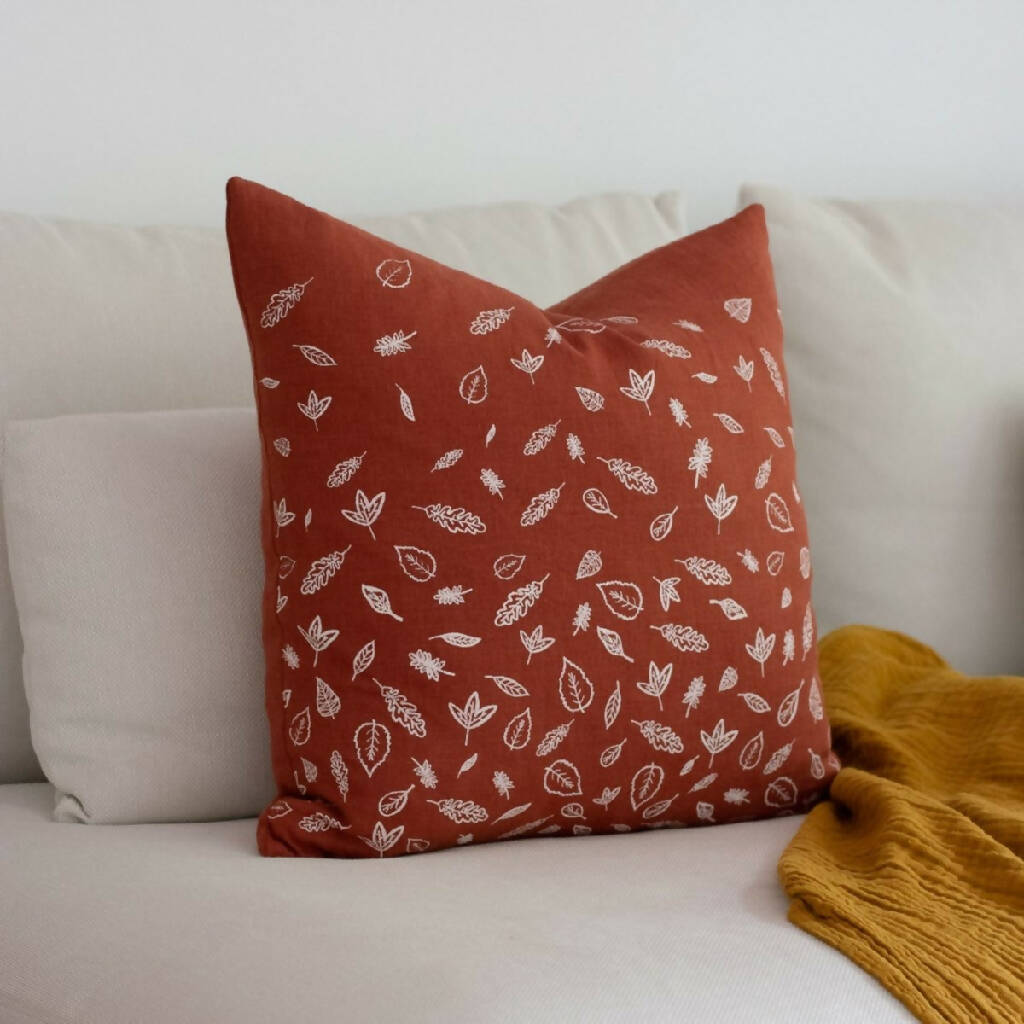 Linen Cushion with Hand Printed Leaf Design