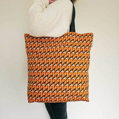 Magpie Bird Organic Cotton Large Shoulder Bag in Orange