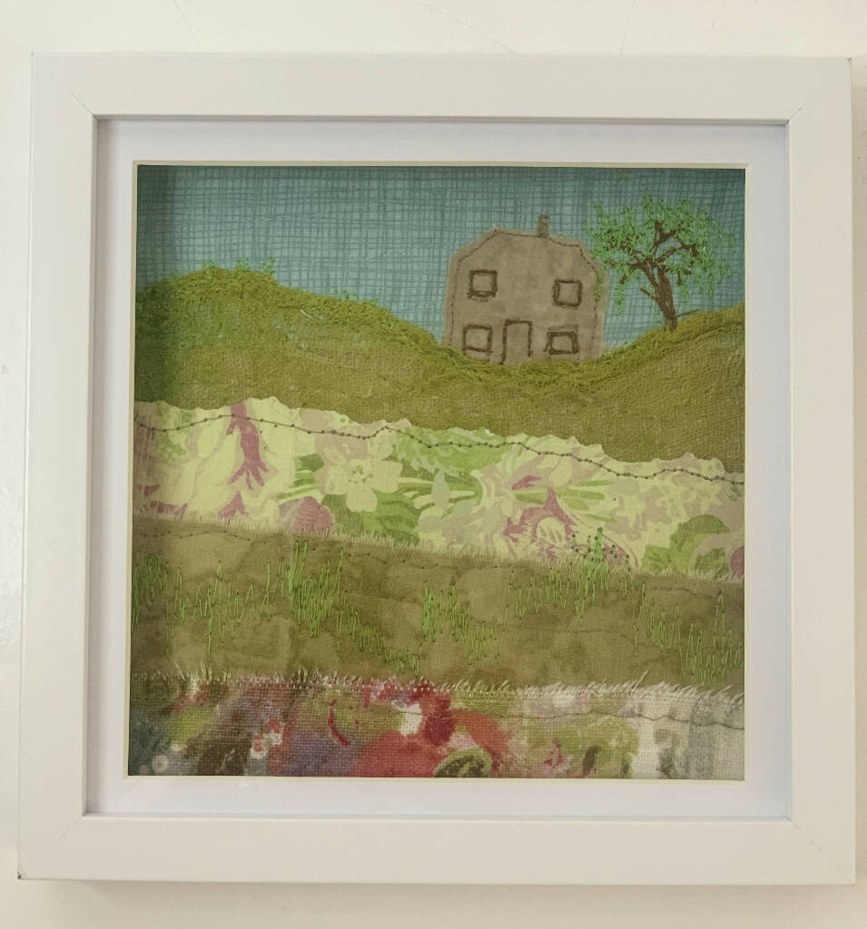 Mixed Media Artwork of a Countryside House Mounted in a Wooden Box Frame