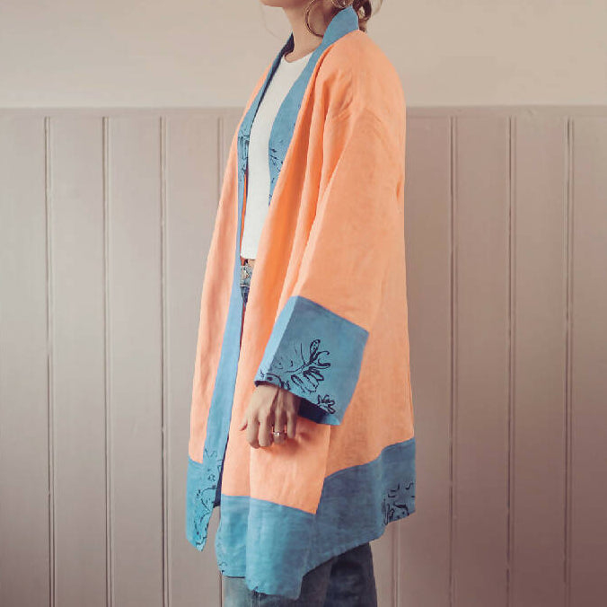 Lotus Linen Kimono Jacket in Orange and Blue