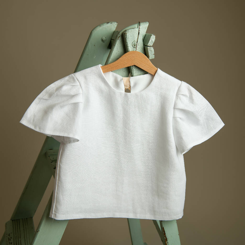 Organic Linen Girls Top with Beige Ribbon