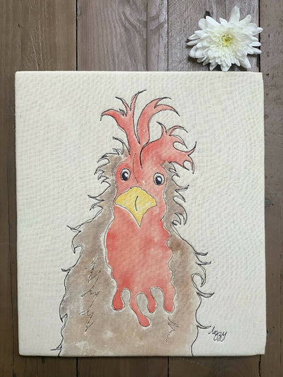 Hand Painted and Machine Stitch Fabric Artwork of a Funky Chicken