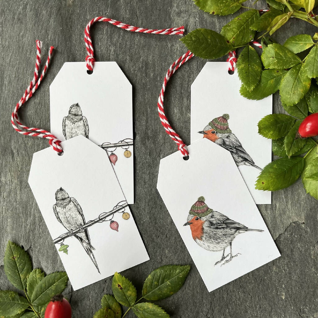 Bobble Hat Robin and Swallow Hand-Finished Christmas Gift Tags - Set of 4