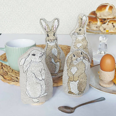 Natural Linen Luxury Embroidered Rabbit Gift Set Complete with Napkins and Egg Cosies by Kate Sproston Design
